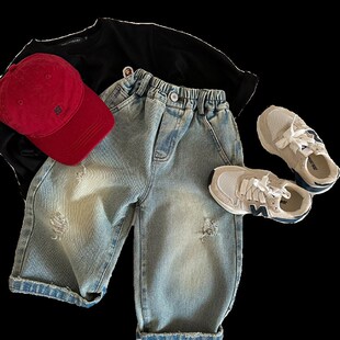 儿童软牛仔裤破洞做旧男童2024春新款长裤子宝宝贴布休闲裤女洋气