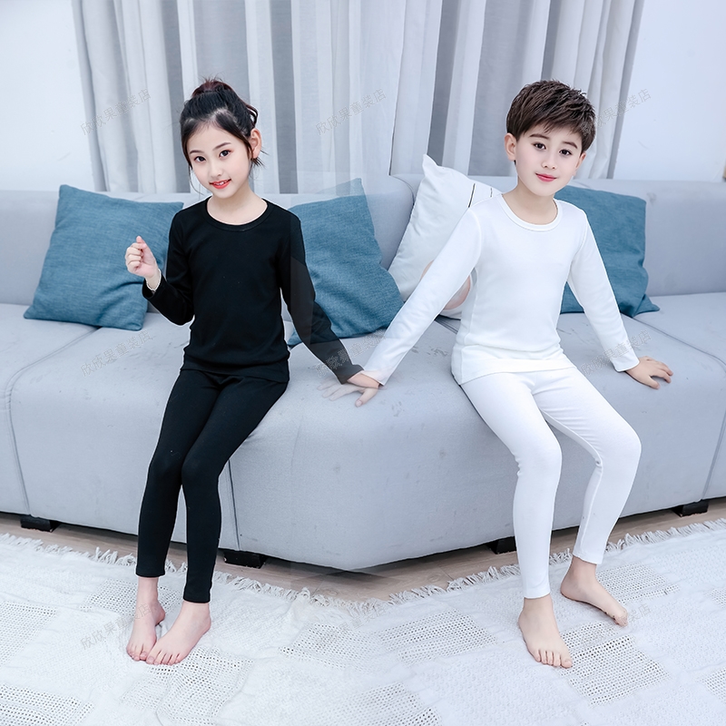 儿童白色秋衣秋裤黑色男童加绒保暖衣纯棉女童幼儿园表演打底套装