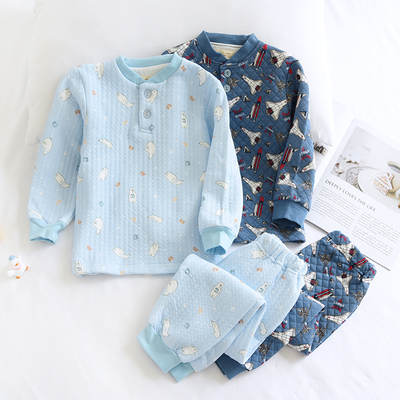 男童加厚儿童春秋纯棉空气层睡衣套恐龙套头全棉三层夹棉家居服