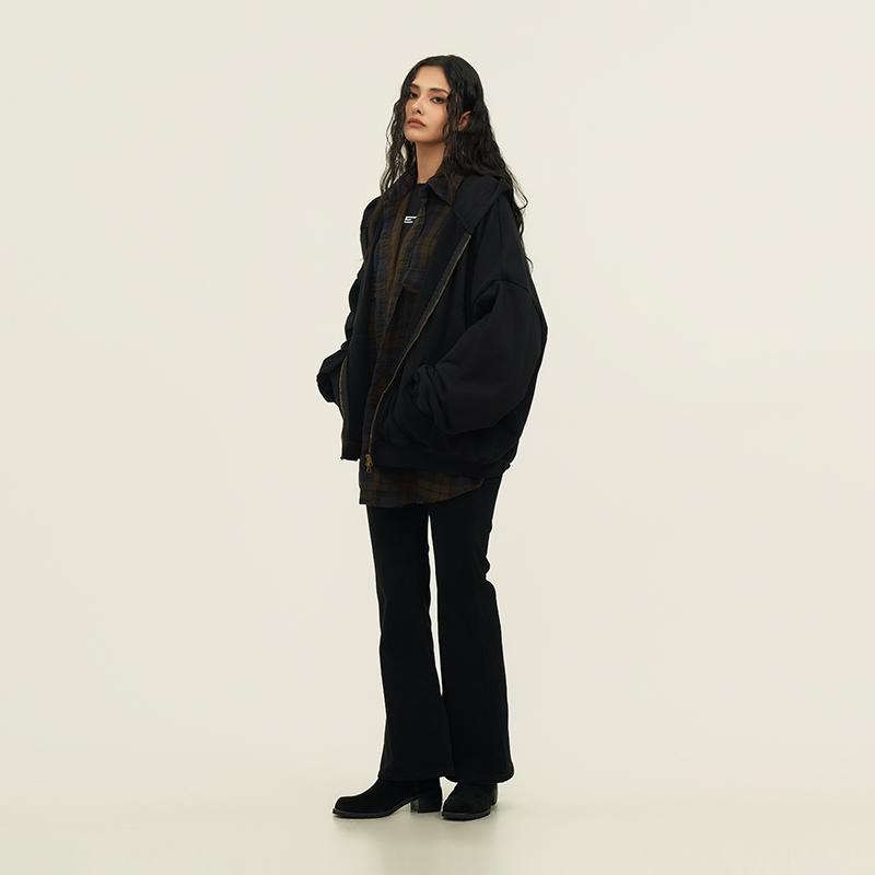 11E 衬衫假两件拉链卫衣开衫男女格子拼接