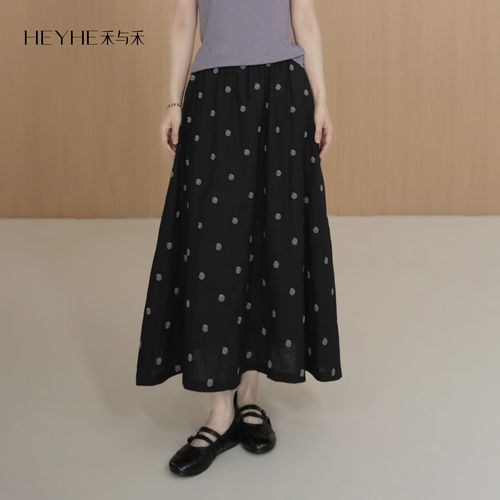 小禾【黑胶唱片】天丝亚麻亲肤复古刺绣慵懒风中长款A字裙