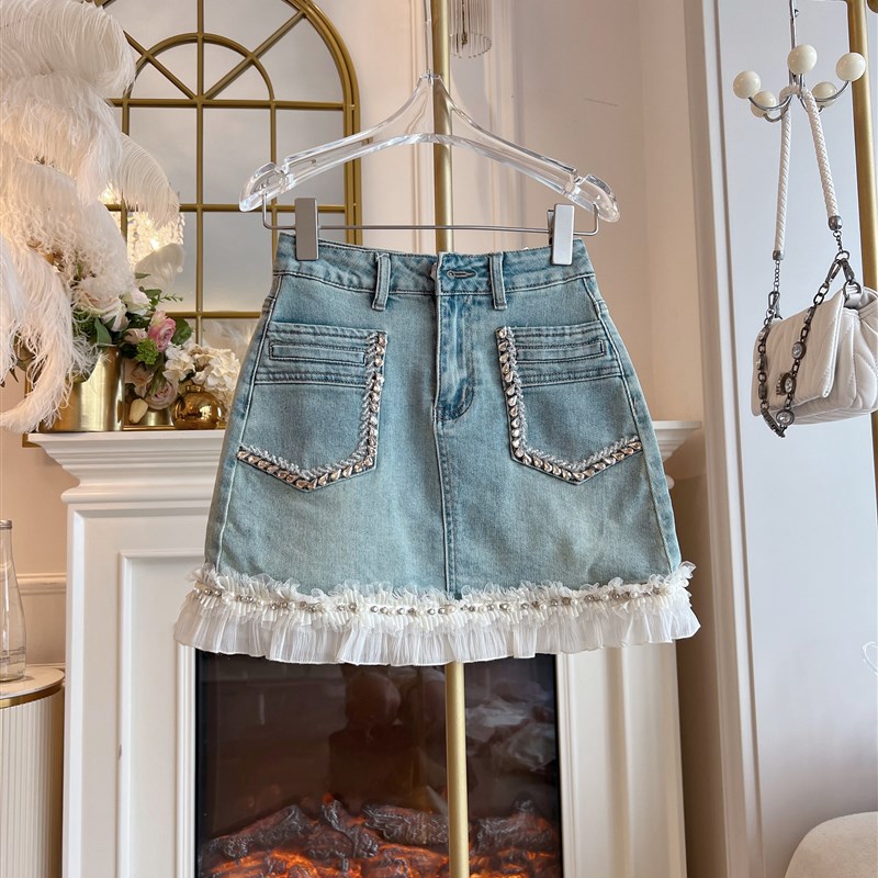 2024年夏季新款高腰显瘦荷叶边钉珠半身裙气质百搭时尚包裙a字裙