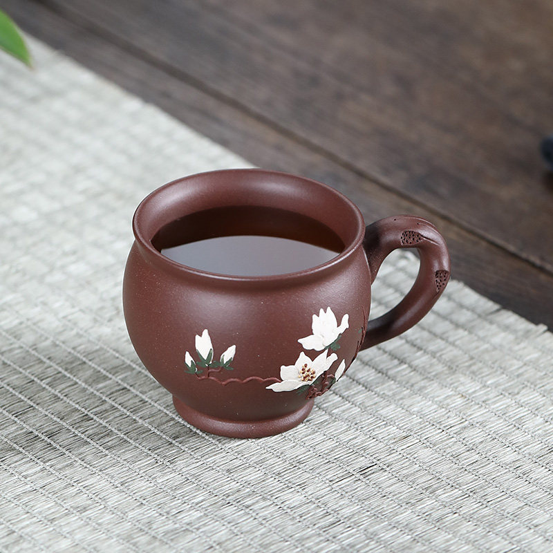 尊壶宜兴紫砂杯品茗杯单个主人杯泥绘小茶杯带把功夫茶具家用茶碗