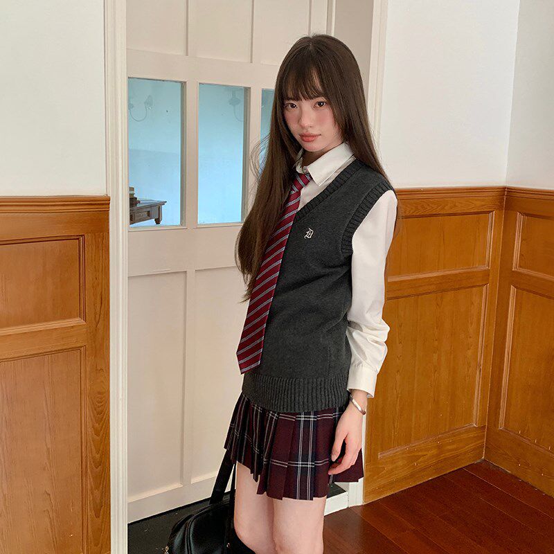 东京岁时记jk制服叠穿针织马甲背心女2024秋新款碳灰色灰野川马甲