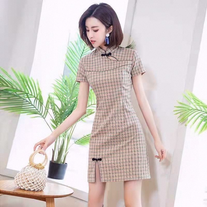 小个子旗袍少女2025夏款年轻高端气质格子改良显瘦短袖连衣裙复古