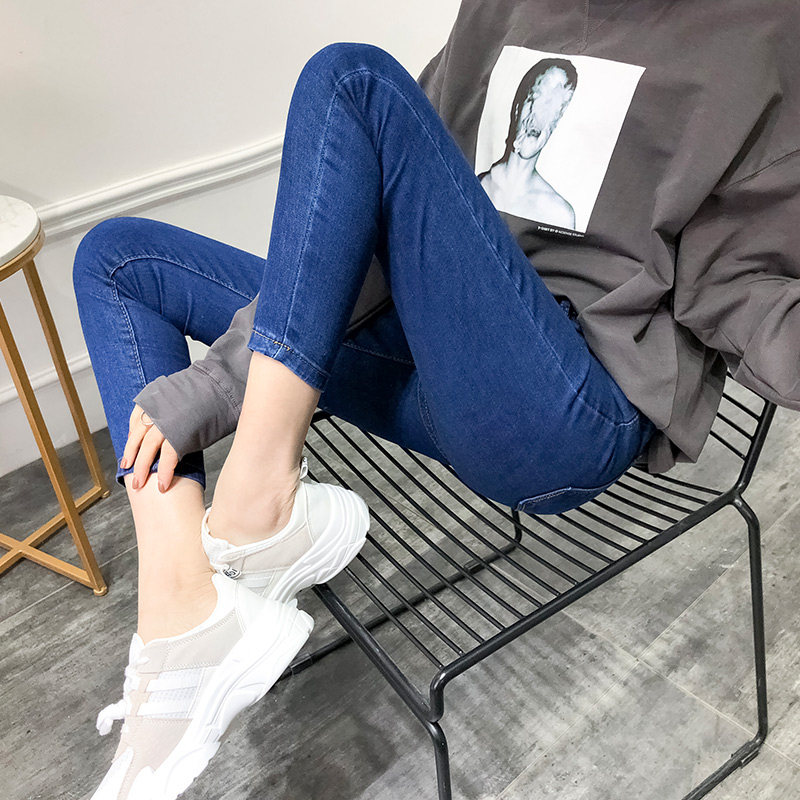 小个子高腰八分小脚牛仔裤女秋冬深蓝色加绒紧身显瘦春秋九分长裤