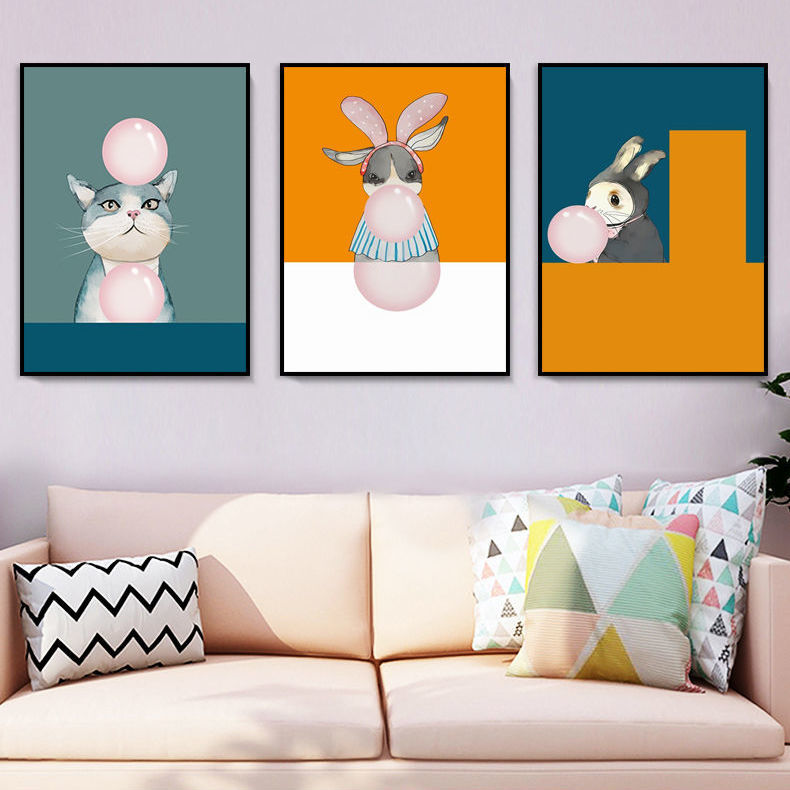 北欧卧室儿童房装饰画房间床头壁画吹泡泡动物创意客厅挂画男女孩图片