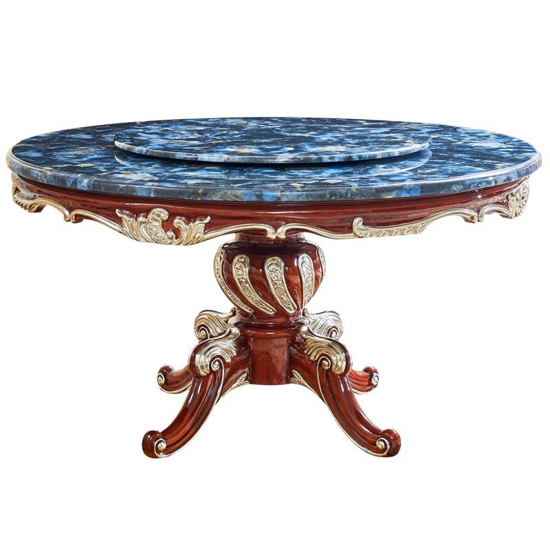 欧式大理石餐桌椅组合美式实木雕花圆桌家用6人8人圆形带转盘饭桌