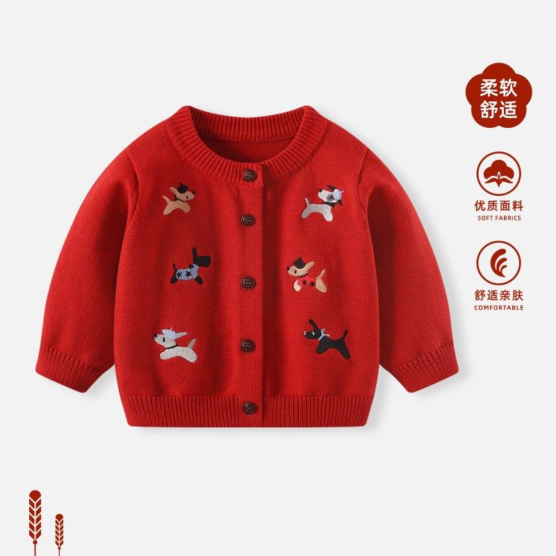 婴儿毛衣外套秋冬男宝宝加绒针织衫春装男童红色开衫新年拜年线衣