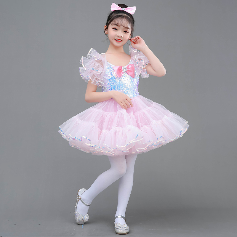 六一儿童演出服蓬蓬裙公主粉色蝴蝶结亮片连衣裙幼儿园舞蹈表演服