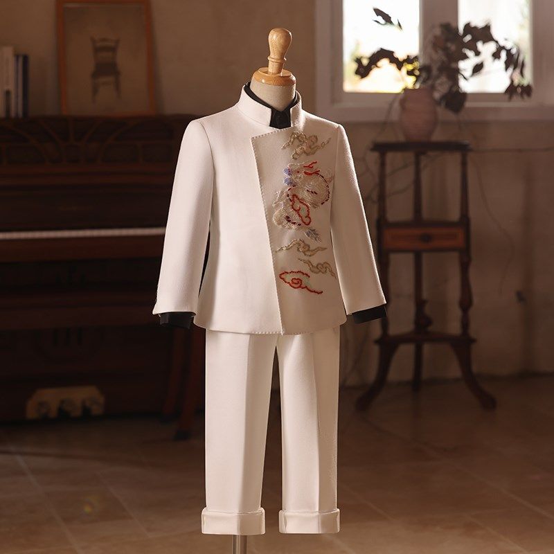 儿童西装套装男童礼服白色新中式中国风主持人走秀比赛钢琴演出服
