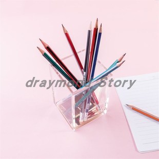 亚克力透明方形金色底笔筒办公桌面文具置物筒化妆刷笔筒