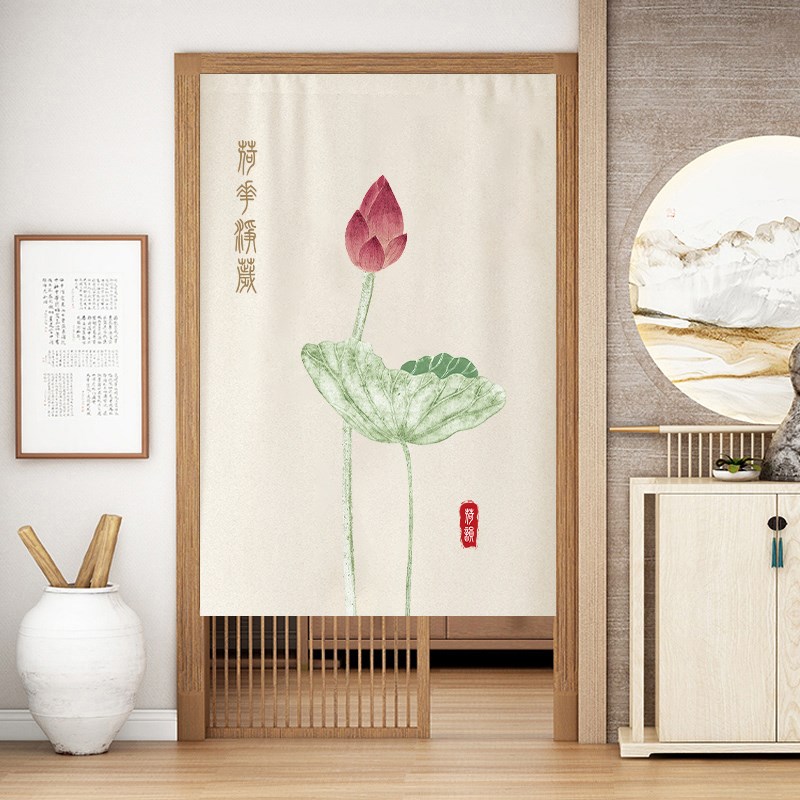 中式荷花净秽厕所门帘店铺商用卫生间遮挡帘洗手间布艺挂帘免打孔