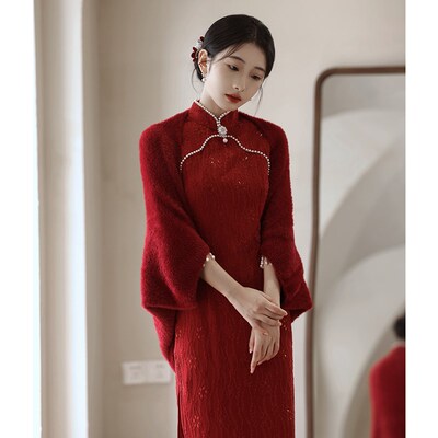 新娘结婚旗袍毛披肩秋冬婚礼外搭斗篷冬季保暖红色敬酒服披风外套