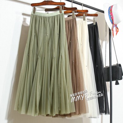 垂感大摆绿色纱裙带钻网纱半身裙秋冬女小个子2024裙子长裙半裙