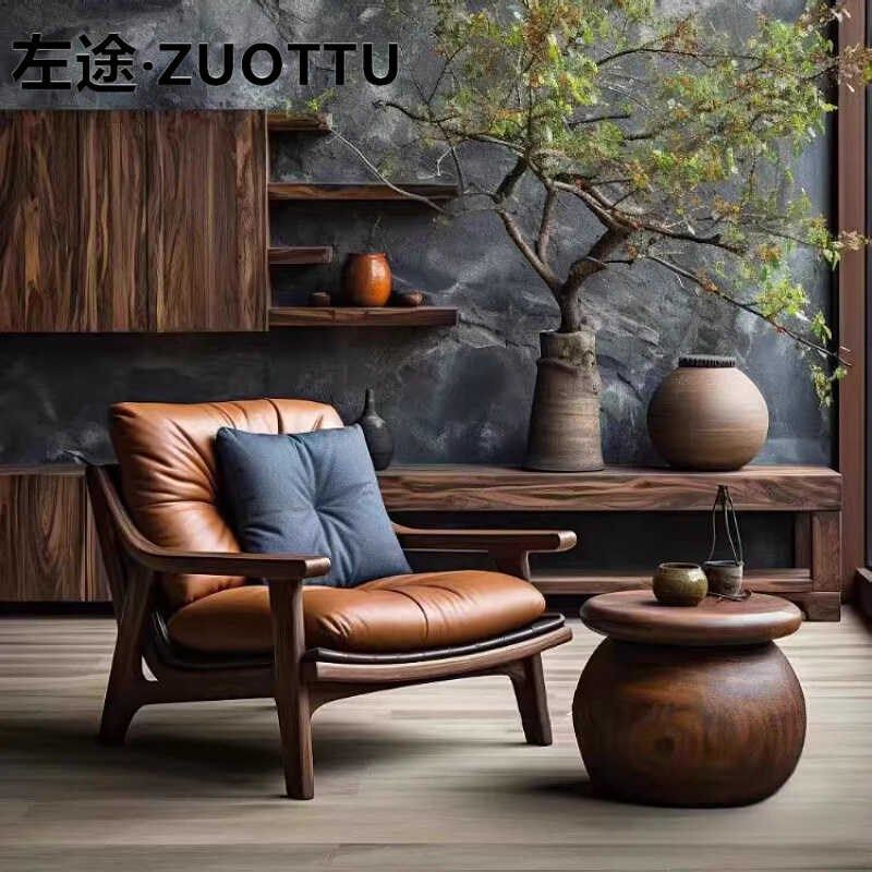北欧实木休闲椅复古接待单人沙发椅设计师轻奢扶手原木椅靠背躺椅