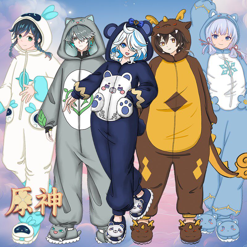 原神周边动漫卡通连体睡衣毛绒芙宁娜纳西妲流浪者套装情侣秋冬季