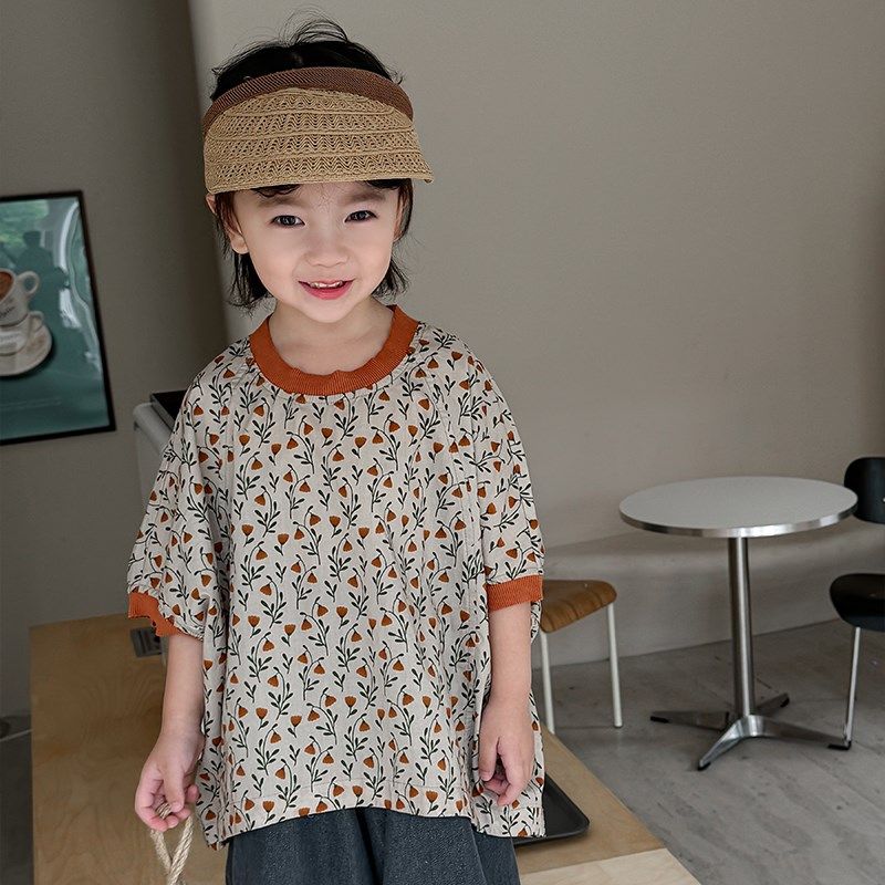 暮晨家新款夏装2024男童碎花短袖T恤衫中小童森系宽松蝙蝠袖上衣