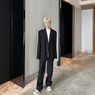 子上男装 小众高级感黑色宽松直筒显高显瘦垂感开叉拖地西裤男潮