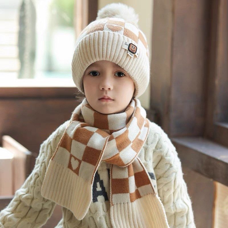 4到5-6岁男童帽子冬季围脖套装中大童护耳防寒针织帽加厚毛线帽潮
