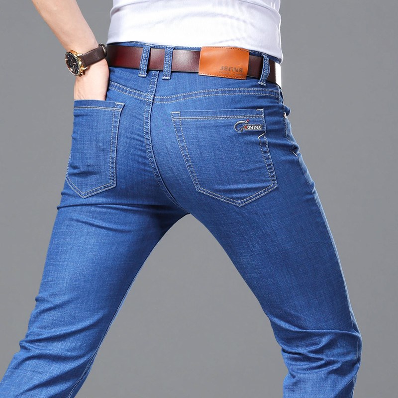 夏季高弹力男士牛仔裤超薄款天丝弹性休闲宽松胖子加肥加大码长裤