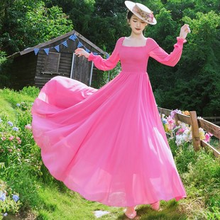 旅行拍照好看的粉红色复古一字领大摆连衣裙女飘逸雪纺渡假长裙子