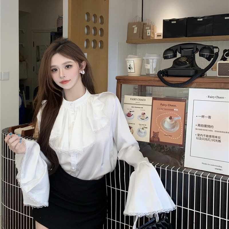 复古气质喇叭袖立领衬衫女蕾丝花衬衫