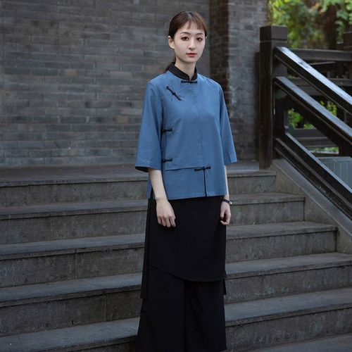 新款民国风中餐厅服务员工作服套装盘扣中式火锅串串饭店定制logo