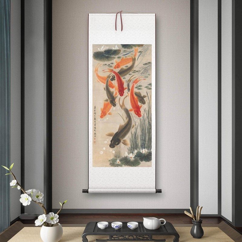《九鲤图》客厅背景墙书房茶室装饰画鱼挂画玄关水墨高清卷轴字画,家居饰品,国画,淘宝优惠券,粉丝福利购,淘宝优惠卷