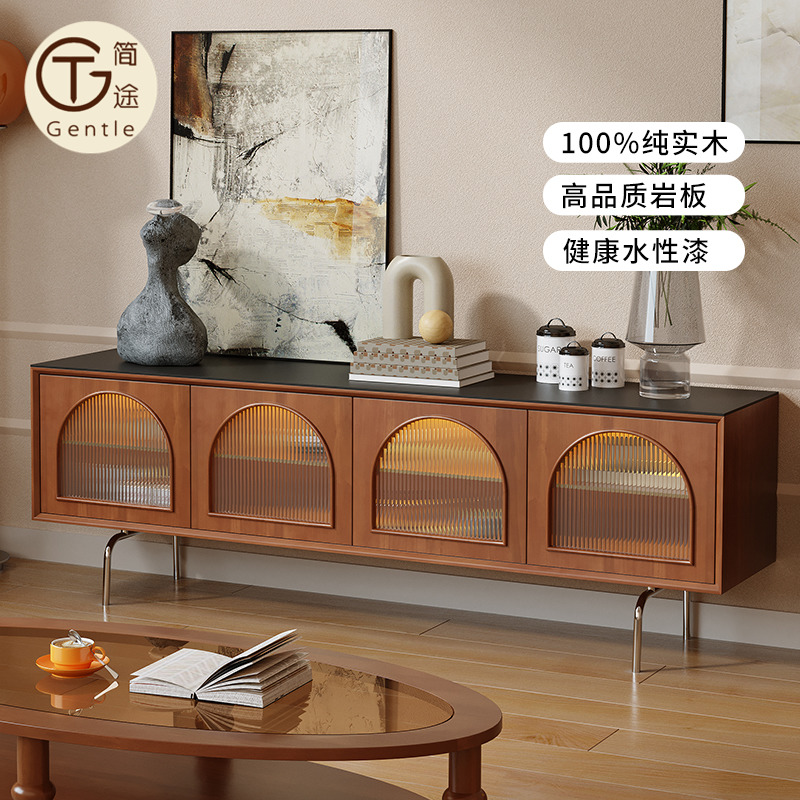 全实木黄杨木茶几电视柜组合轻法式小户型中古储物地柜胡桃色黑色