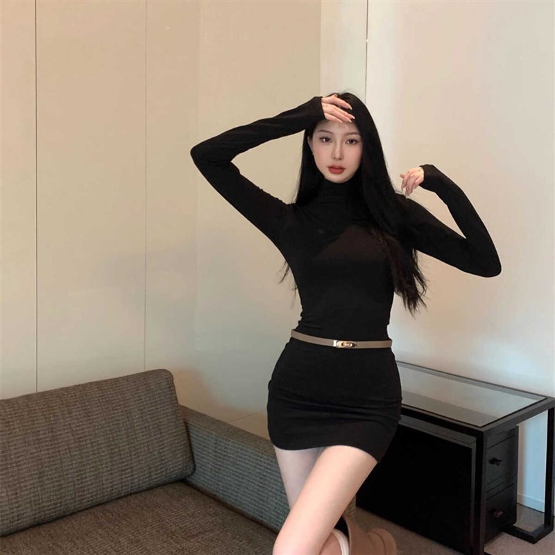 半高领长袖连衣裙女秋季内搭打底配大衣高级气质性感修身包臀短裙