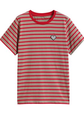 条纹纯棉短袖t恤女 宽松2024夏装新款中老年妈妈洋气百搭显瘦上衣