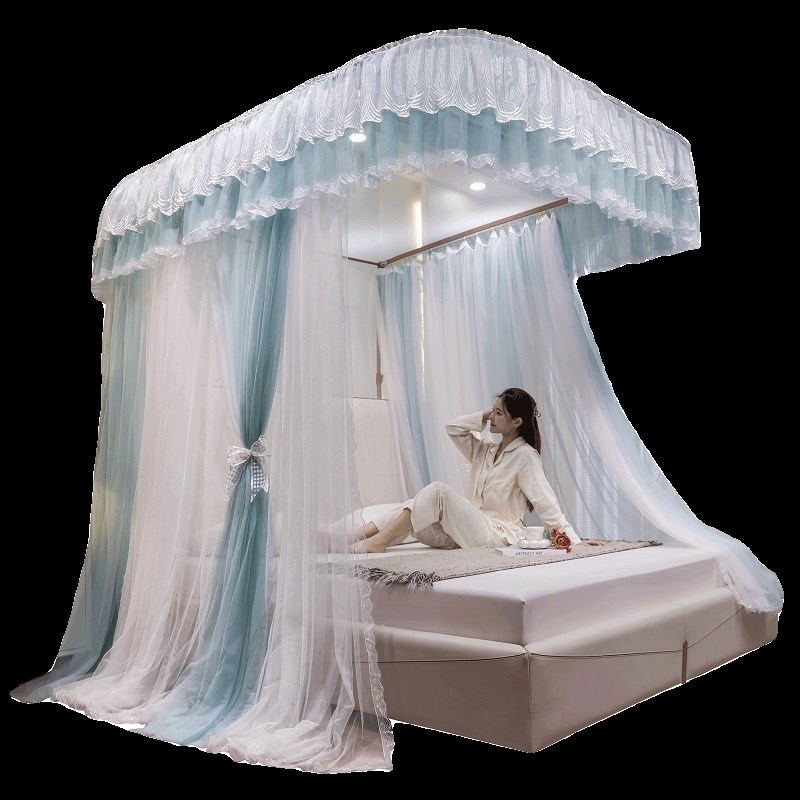 新款u型导轨蚊帐家用公主风床幔防蚊轨道加厚加密双层落地三开门