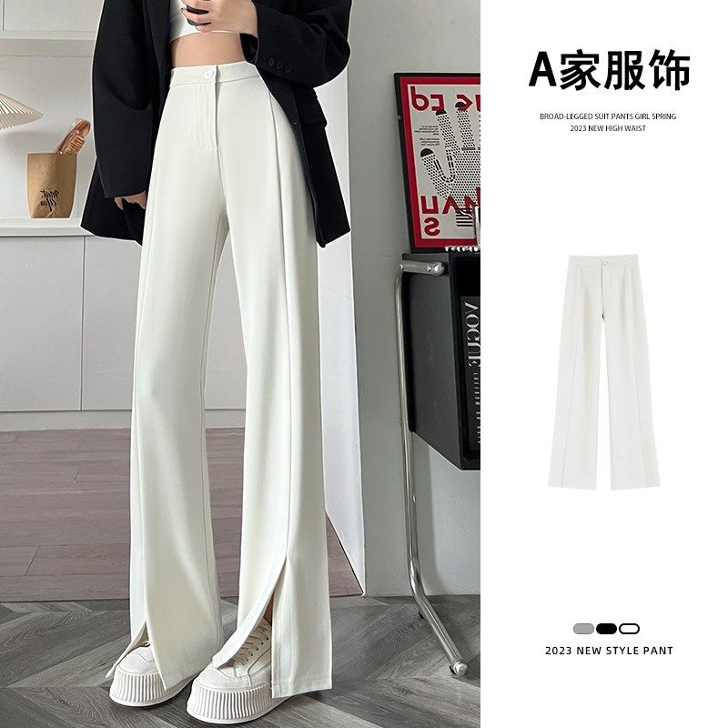 黑色微喇阔腿裤女夏薄高腰垂感小个子休闲窄版直筒拖地开叉西装裤