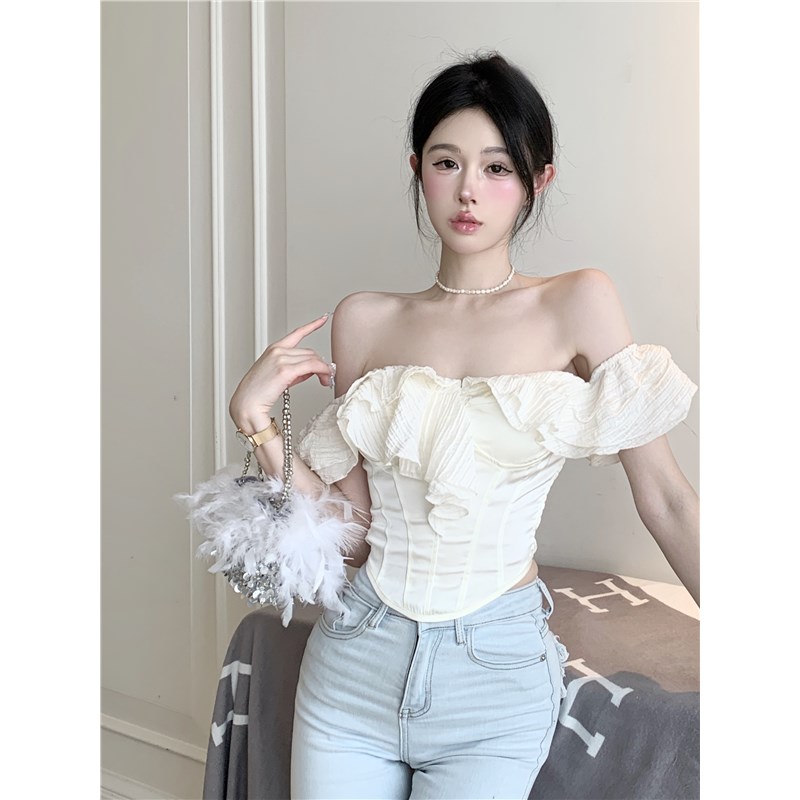 法式复古一字肩短袖衬衫女装夏季荷叶边修身鱼骨白色短款衬衣上衣