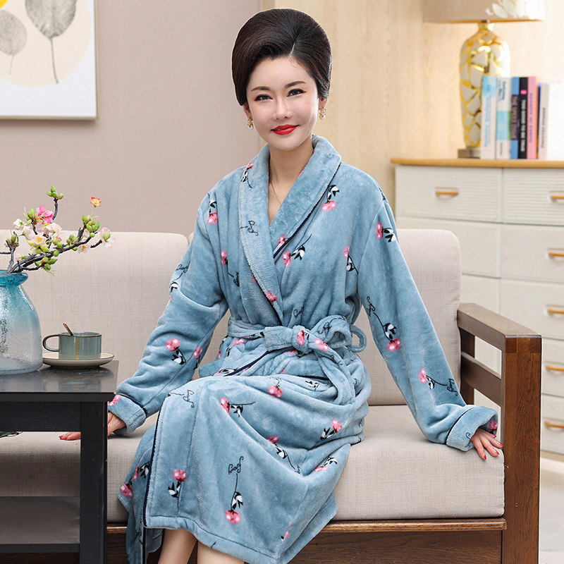 中年睡袍女士珊瑚绒秋冬季加厚妈妈法兰绒睡衣女浴袍中长款家居服