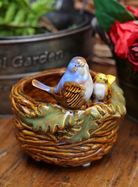 田园陶瓷家居饰品绿叶小鸟釉面装饰盘花园水培花盆桌面笔筒收纳盆