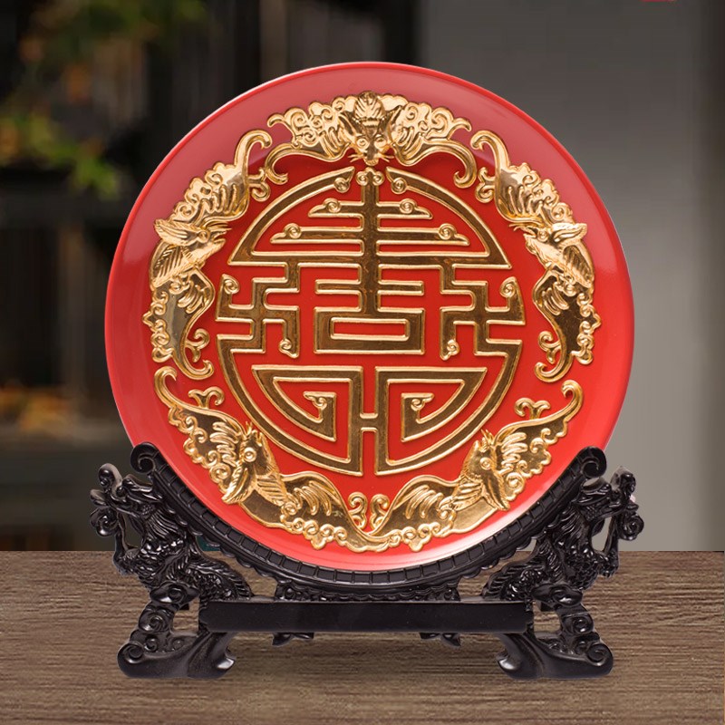五福捧寿陶瓷盘子漆线雕工艺品桌面摆件送老人生日礼品祝寿礼物