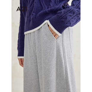 A21女装宽松阔腿裤2024冬新款设计感百搭小众长裤松紧腰系带卫裤