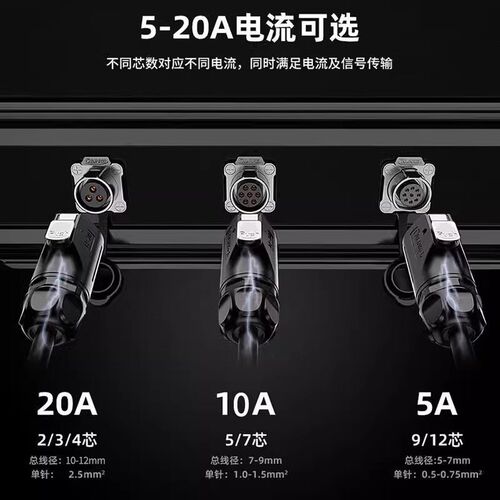 凌科免焊接航空插头插座LP-20反装防水连接器2芯快速电线电源插件