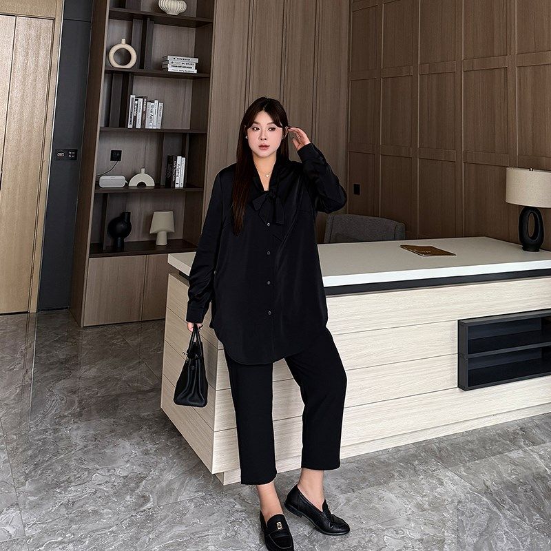 高级感缎面大码衬衫女装2024秋冬款200斤胖mm气质蝴蝶结长袖衬衣