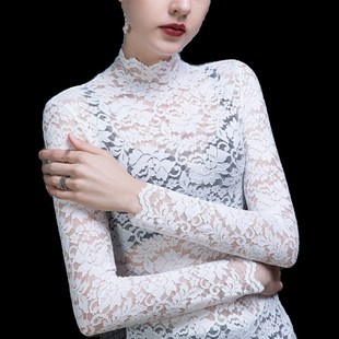 半高领镂空薄款加绒蕾丝打底衫女秋冬洋气内搭t恤雷丝上衣高级感