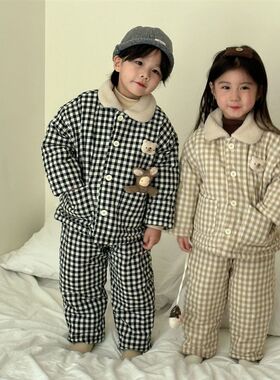 儿童三层夹棉睡衣套装宝宝加厚空调服男童女童冬季加绒格子家居服
