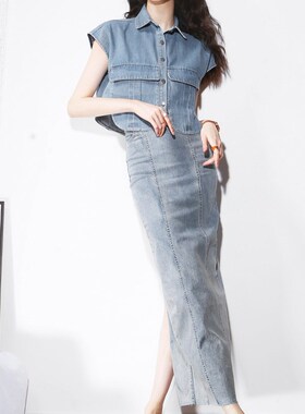 R72欧美风弧形开叉下摆设计感高腰短款宽松大口袋牛仔衬衫马夹