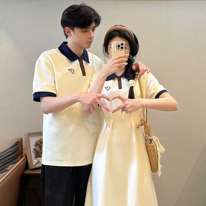 情侣装一裙一衣夏季2024新款法式学院风学生Polo领连衣裙显瘦短袖