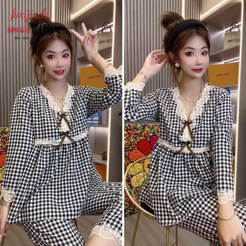 新款秋季女睡衣泡菜格子V领长袖蕾丝拼接时尚洋气家居服两件套,女士内衣/男士内衣/家居服,睡衣/家居服套装,淘宝优惠券,粉丝福利购,淘宝优惠卷