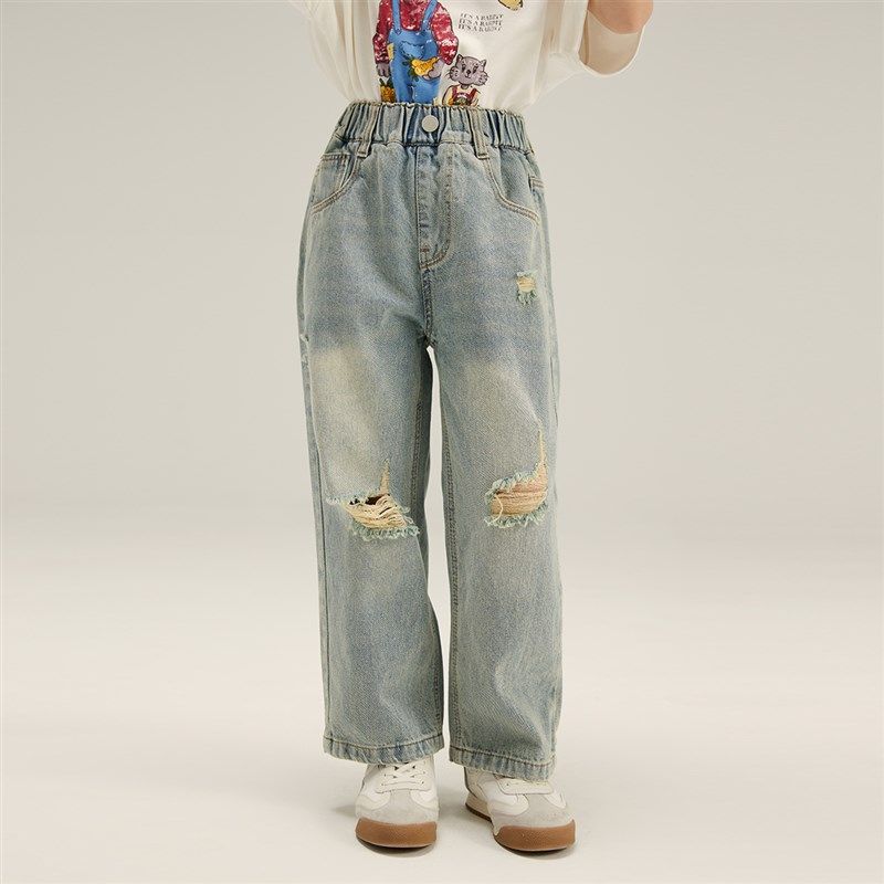 沫沫定制童装夏装女童洋气长裤2024夏季新款儿童破洞直筒牛仔裤,童装/婴儿装/亲子装,裤子,淘宝优惠券,粉丝福利购,淘宝优惠卷