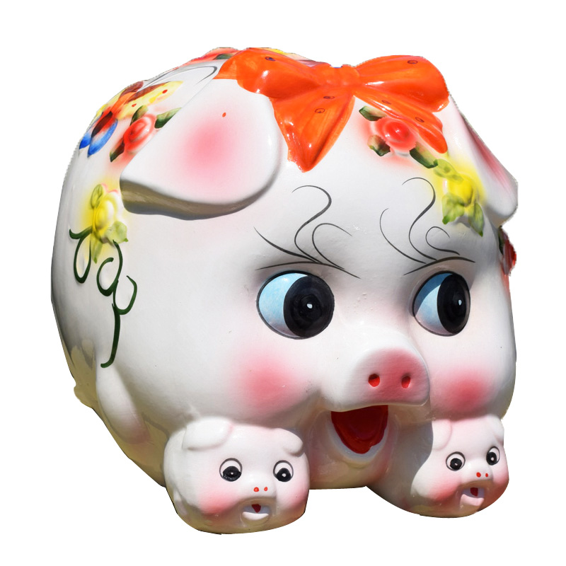 超大号蝴蝶结陶瓷小猪存钱罐招财金猪储蓄罐猪硬币储钱罐客厅摆件