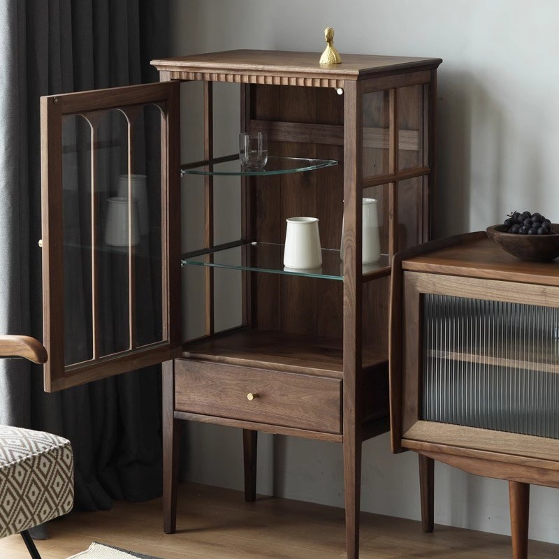北欧复古黑胡桃色实木酒柜玻璃展示柜手办柜实木家具柜子定制