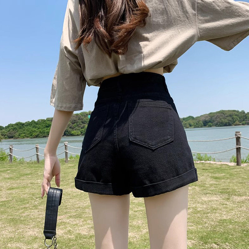 黑色牛仔短裤女夏季薄款2024年新款高腰显瘦弹力a字辣妹卷边热裤